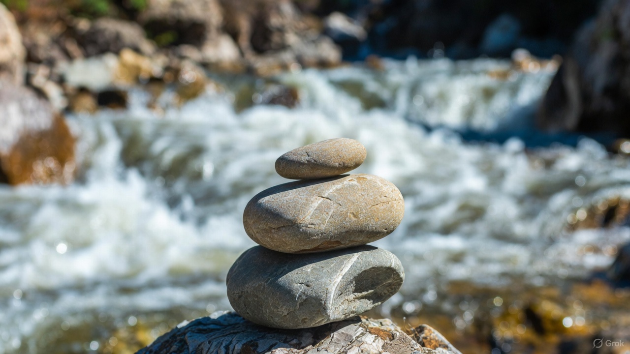 Trois pierres empilées sur une rivière — équilibre et sérénité