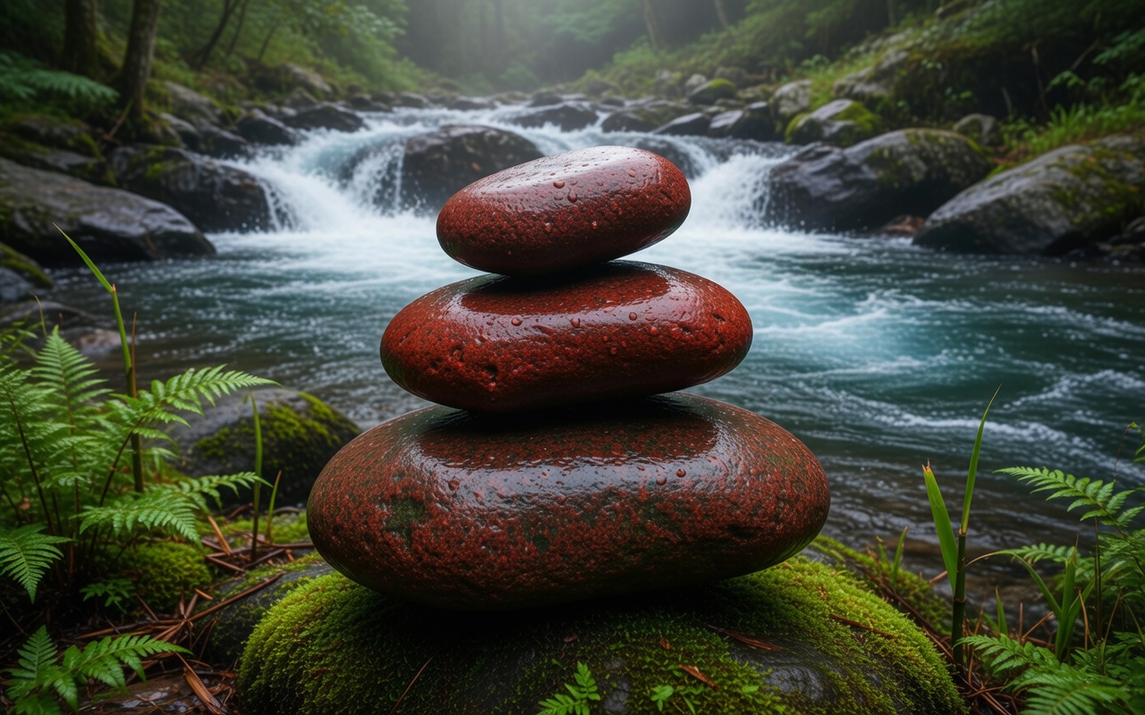 Trois pierres rouges empilées près d'une rivière — philosophie de Philippe Meloni
